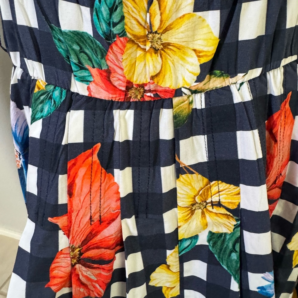 Boston Proper Navy Gingham Floral Midi Dress Sz 12 - Picture 8 of 11